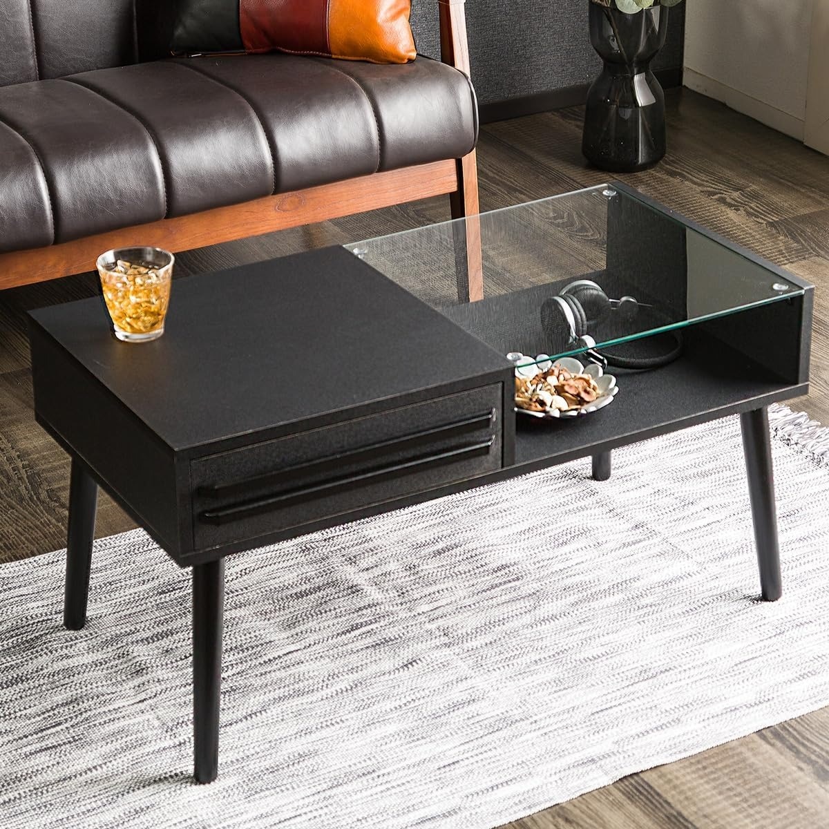 センターテーブル ロータイプ 収納付き ガラス天板 引き出し付き 北欧スタイル リビング おしゃれ コンパクト 木製 丸足 省スペース 組み立て式