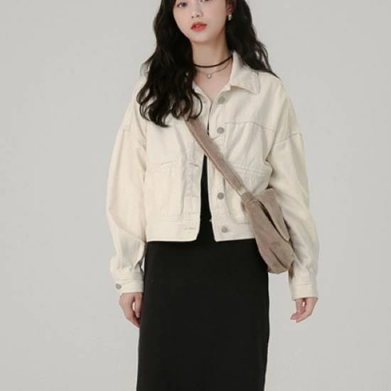 デニムジャケット レディース 夏 ジャケット アウター 羽織 長袖 デニム 襟あり ポロ襟 ショート丈 フロントボタン シンプル 無地 ベーシック 定番 アプリコット カジュアル お出かけ おしゃれ