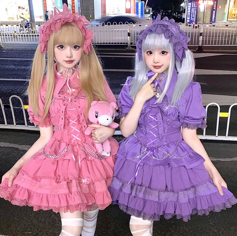 ゴスロリ＆ロリータワンピース フリルやレース豪華なミニロリータドレス　キャミソール十字架jskドレス　ゴシックお姫様ケープ　女子 ロリパンジュニア 大人 lolita dress　ロマンティック　ハロ