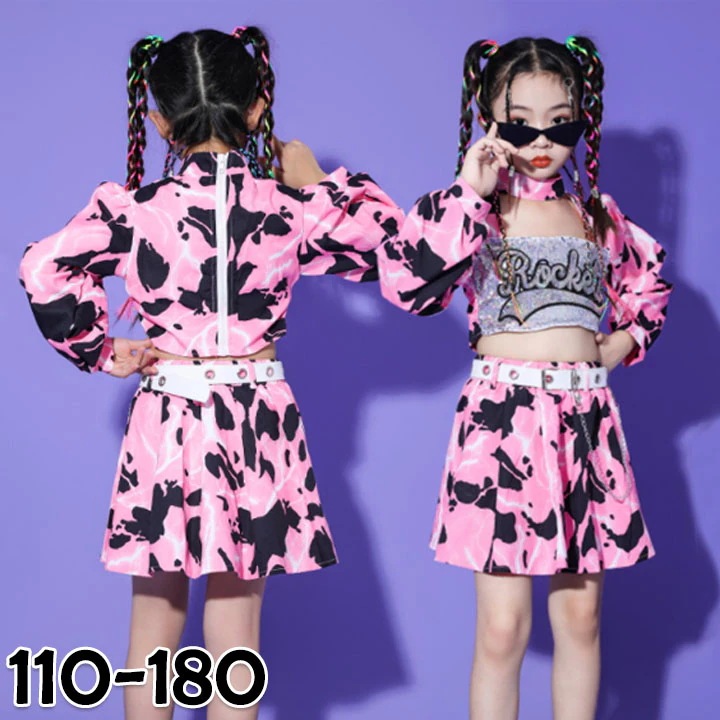 毎日使える実用派！ダンス衣装 女の子 チアガール ピンク おしゃれ hiphop セットアップ ジャズ キッズダンス衣装 上下セット キッズ 演出服 ガールズ 発表会 ジャズダンス衣装