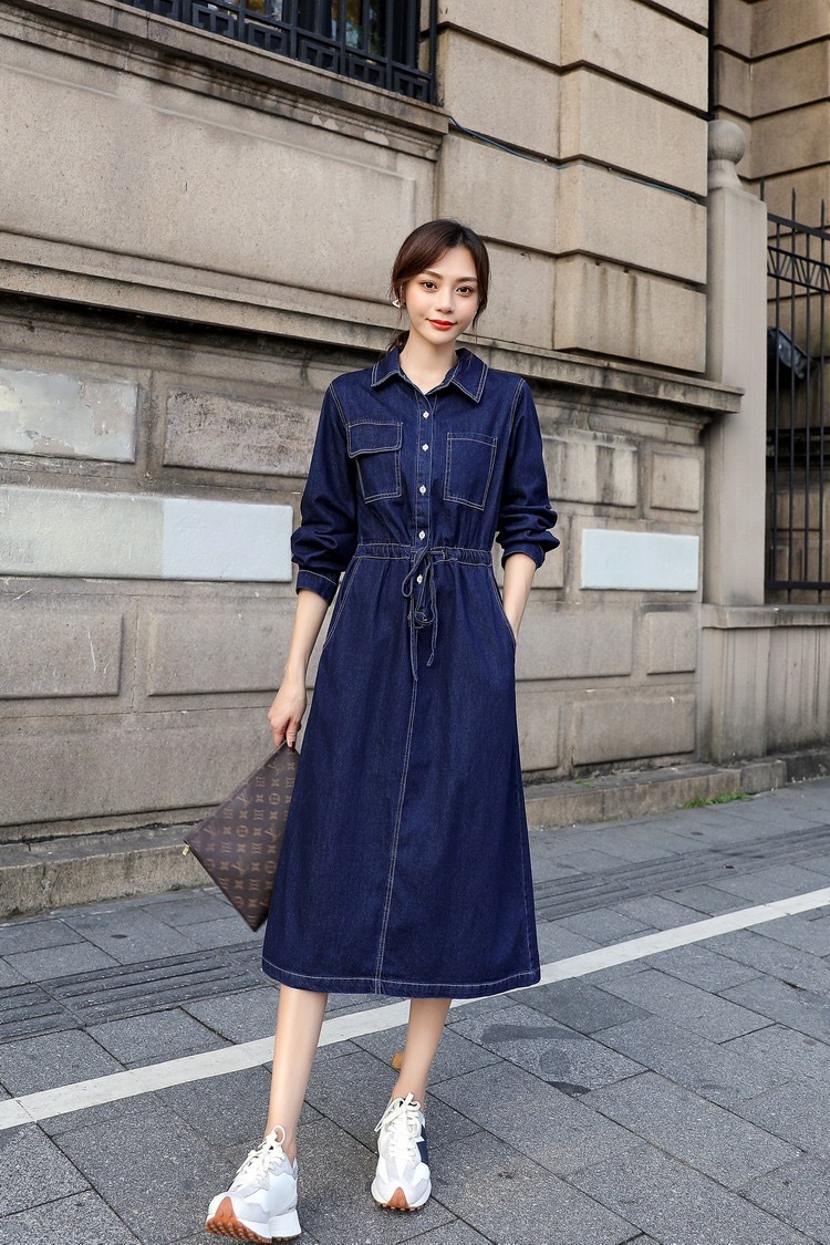 ワンピース デニムワンピース 膝丈 ひざ丈 膝下 袖あり 長袖 襟付き ストレート Iライン リボン