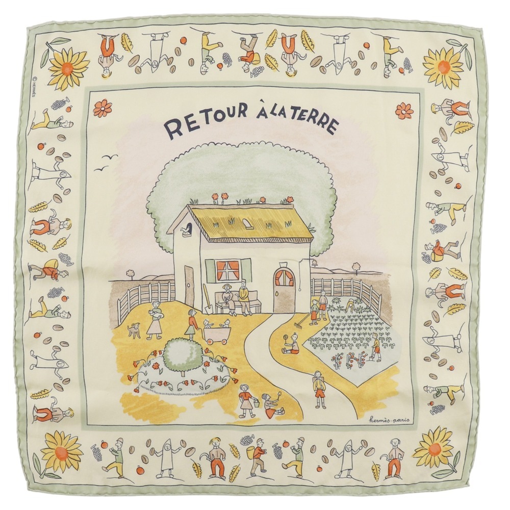 故郷に帰る ガヴロッシュ RETOUR A LA TERRE カレ45 スカーフ シルク 緑 レディース 中古品 A-ランク