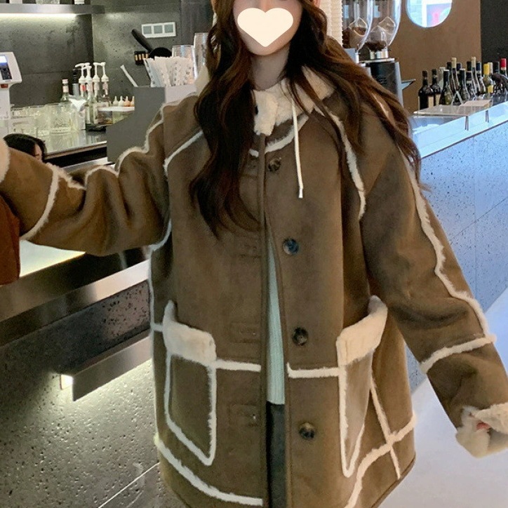 レザー&ファー一体アウター 冬季 2025年新作 人気商品超目玉 起毛裏地 秋冬加厚 拼接 フード付きコート