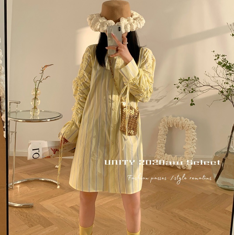 【送料無料】レディース シャツワンピース ストライプ 長袖 シャーリング ミニ丈 大人可愛い