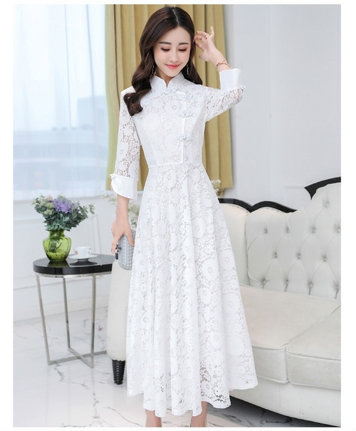 A1101.チャイナドレス風シースルーレースフレアワンピース（ホワイト）2019 春夏 sale ドレス エレガント お呼ばれ 結婚式 披露宴 パーティー 女子会 レストラン デート