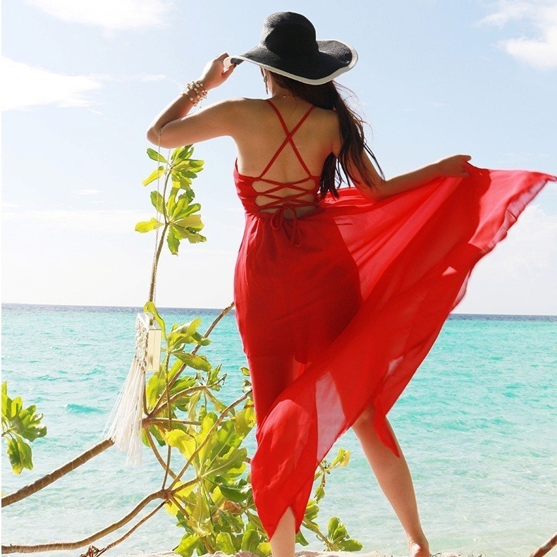 ワンピース マキシワンピース ミモレ丈 キャミソール Aライン 背中開き シースルー 韓国 レディース オルチャン かわいい 可愛い 谷間が見える ロング キュート 赤 レッド 大人可愛い