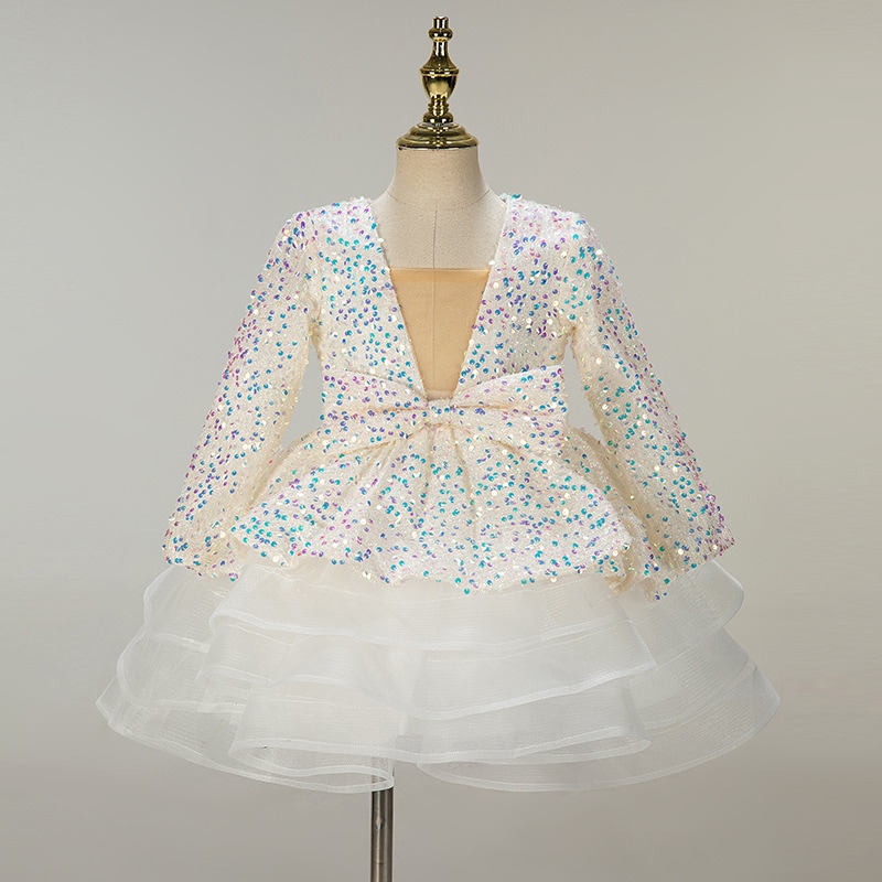 フラワーガールズドレスピンクスパンコールガールズスカートスカートスカート子供用長袖年齢のガウンプリンセスドレス