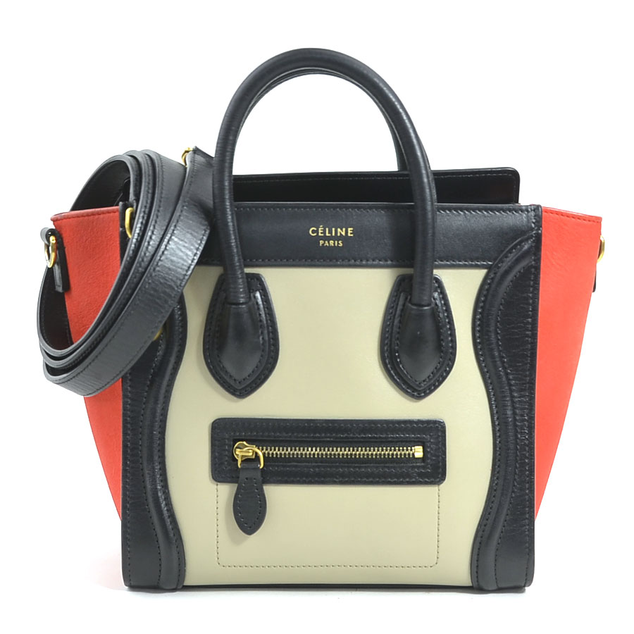 セリーヌ CELINE ハンドバッグ 斜め掛けショルダーバッグ ラゲージ ナノショッパー レザー/ヌバック ブラック/グレー/レッド ゴールド レディース e60256g