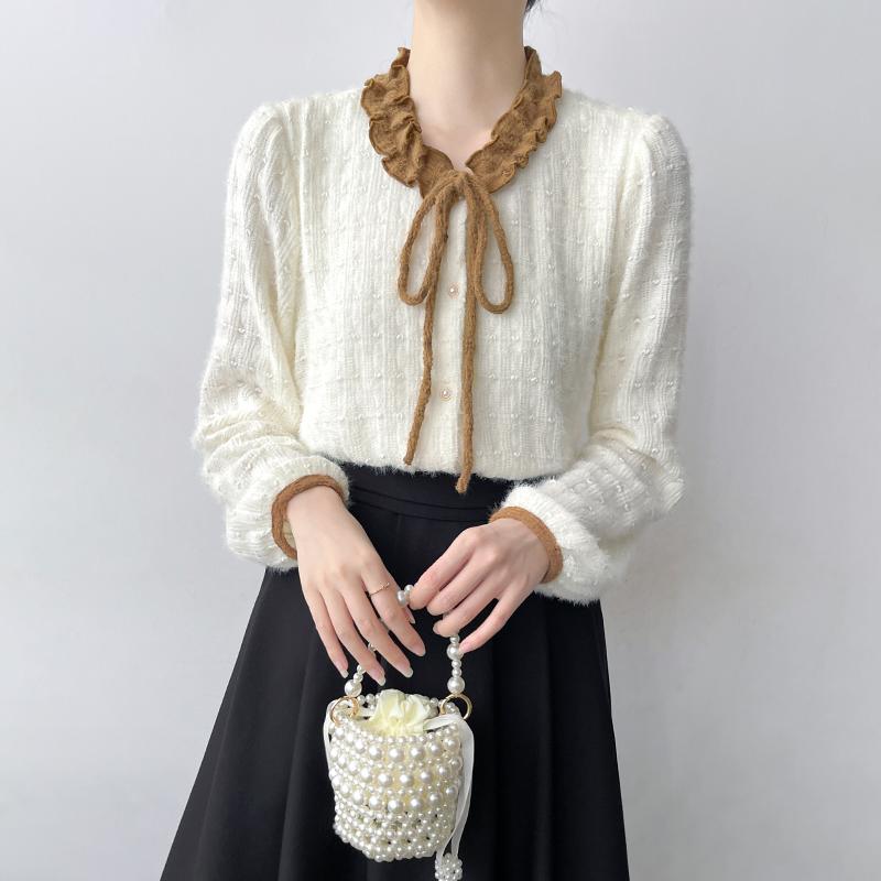 ブラウス バイカラー 切り替え レース Vネック シャツ レディース 秋冬 暖かい トップス リボン ボウタイ ファッション シンプル エレガント 大人