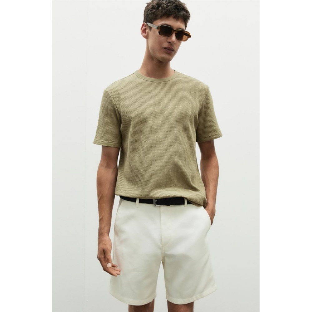 H&M レギュラーフィットワッフルテクスチャー t シャツカーキグリーン