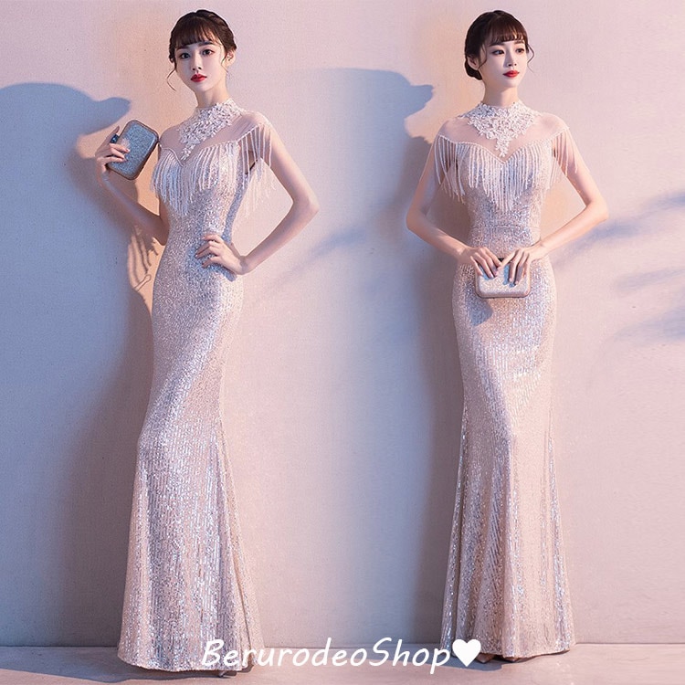 破格値全7色 マーメイドドレス スパンコール キラキラドレス イブニングドレス レース フリンジ キレイめ ロングドレス マーメイドライン 発表会ドレス パーティードレス シャンパン色 ブラック ゴー