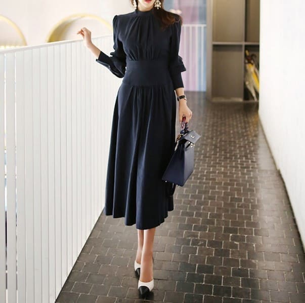パフスリーブ ハイネック ロング フレア イベント 結婚式 二次会 お呼ばれ 紺 ネイビー ブルータック ワンピース 上品 きれいめ フォーマル ドレス 無地 レディース パーティードレス ボリ