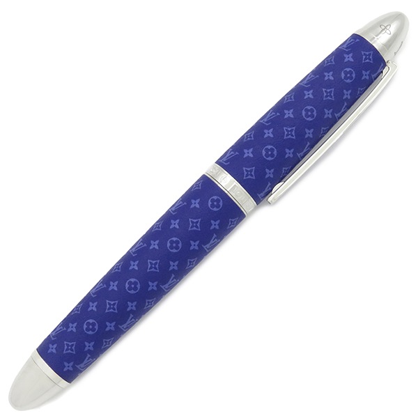 ルイヴィトン LOUIS VUITTON ボールペン ローラーボールペン ドッグ メタル レザー インディゴブルー シルバー金具 青 ブルー 黒インク 筆記確認済み モノグラムパターン モノグラムフラ