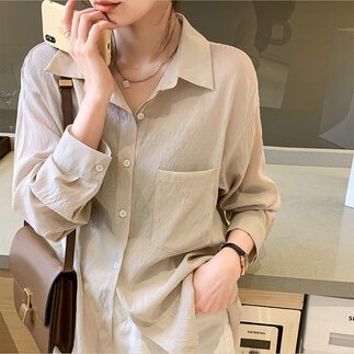 トップス シャツ 袖あり 長袖 Vネック 襟付き ポケット 前開き 透け感 アプリコット 個性的 無地 春 夏 デート お出かけ 海 アウトドア レディース 女性用 10代 20代 30代