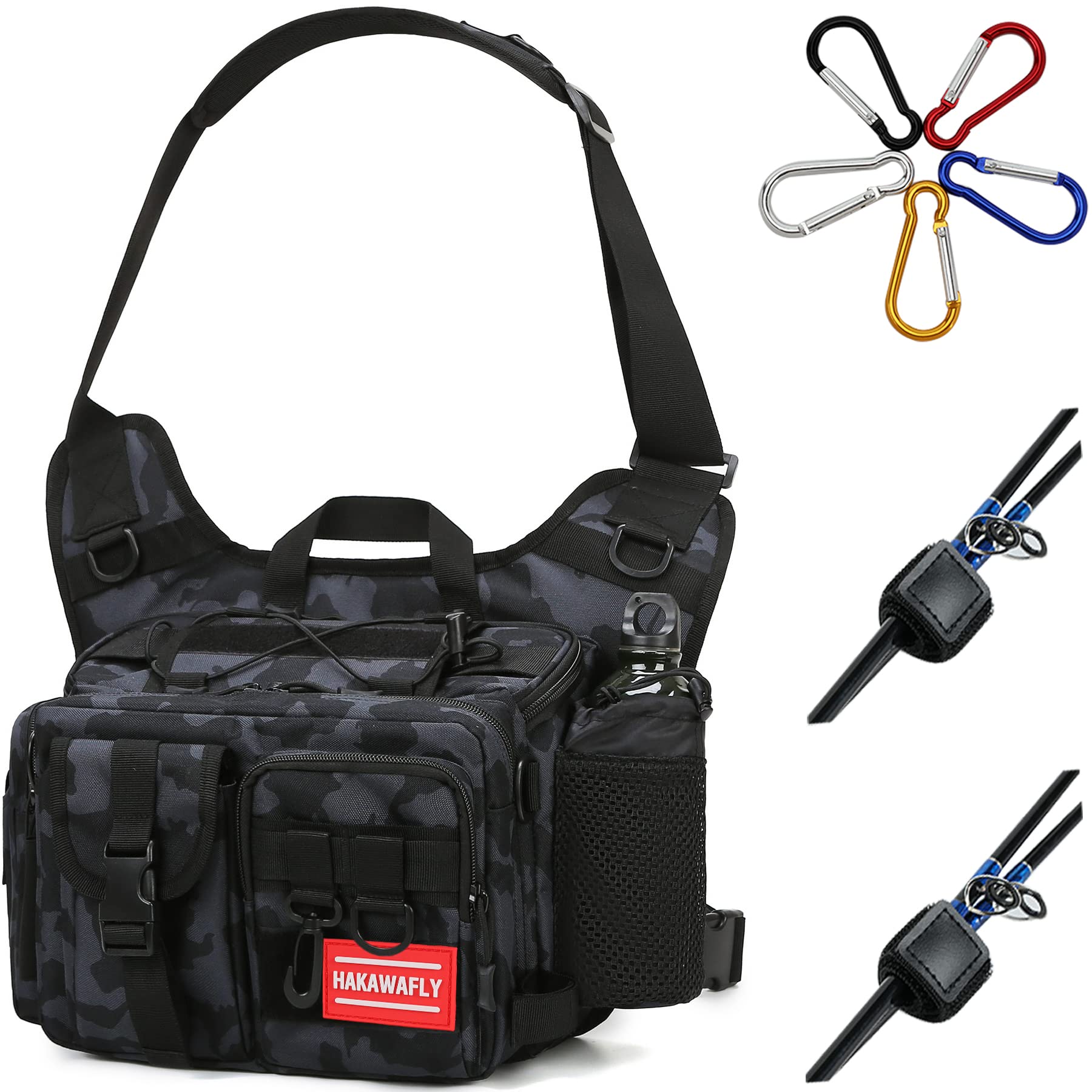 HAKAWAFLY 釣り バッグ 広口 大容量 フィッシングバッグ 5WAY ショルダーバッグ 防水 釣りバック 可動式肩パッド 着脱可能なウエ ストベルト(ブルーカモフラージュ)