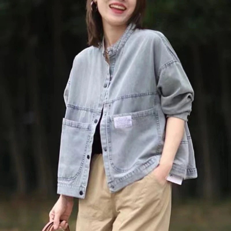 トップス 2025韓国人気 アウター 薄手カジュアルゆったり水洗スタンドカラージャケット薄夏 デニムジャケット レディース