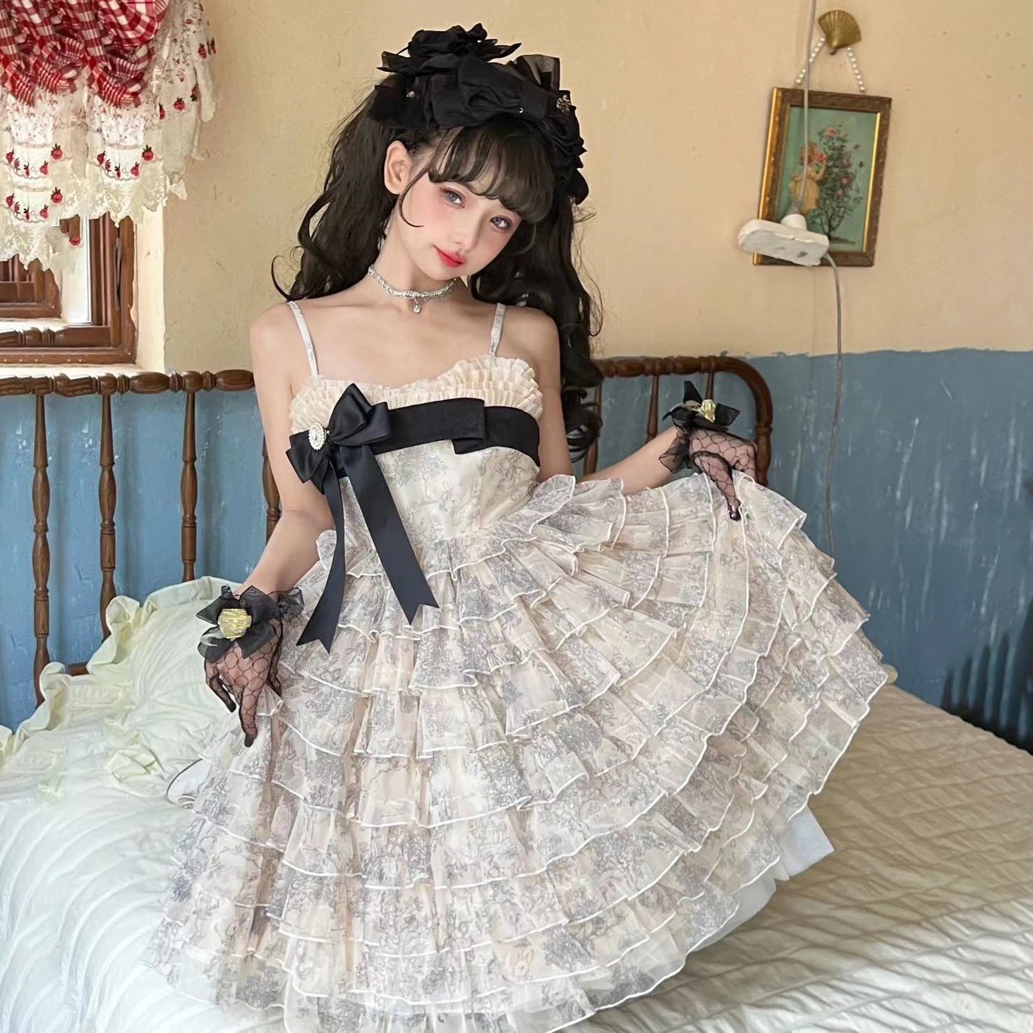 女性用 サスペンダースカート ブロンズ多層ケーキスカート ロリータドレスワンピースドレスドレス