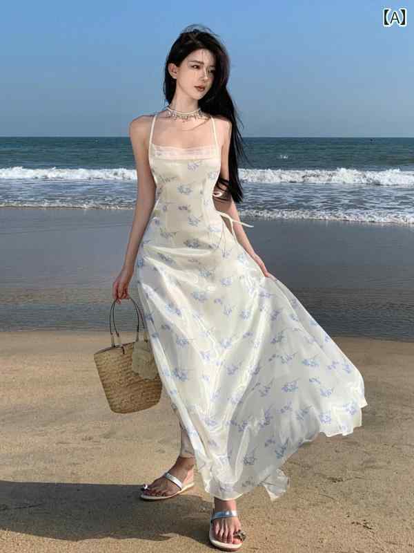 ワンピース リゾート レディース ビーチ ドレス レディース 夏 海辺 バケーション ロング ドレス スーパー フェアリー バックレス ブルー フローラル ドレス スリムフィット