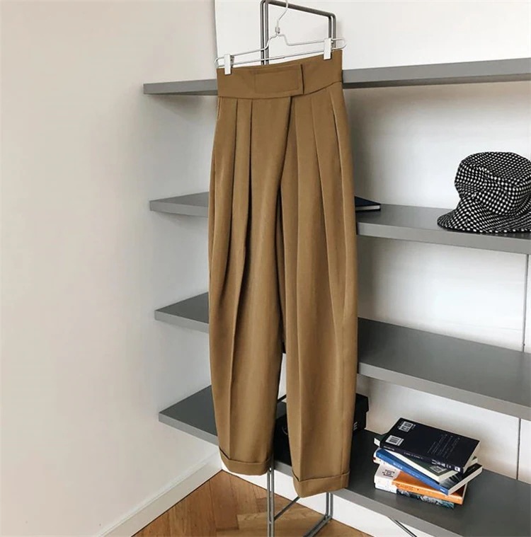 早い者勝ち ハイウエストのデザイン ロングパンツ 春秋 ゆったりする ワイド脚のスラックス マジックテープ スーツパンツ 女性用パンツ 斜めドアのズボン スラックス