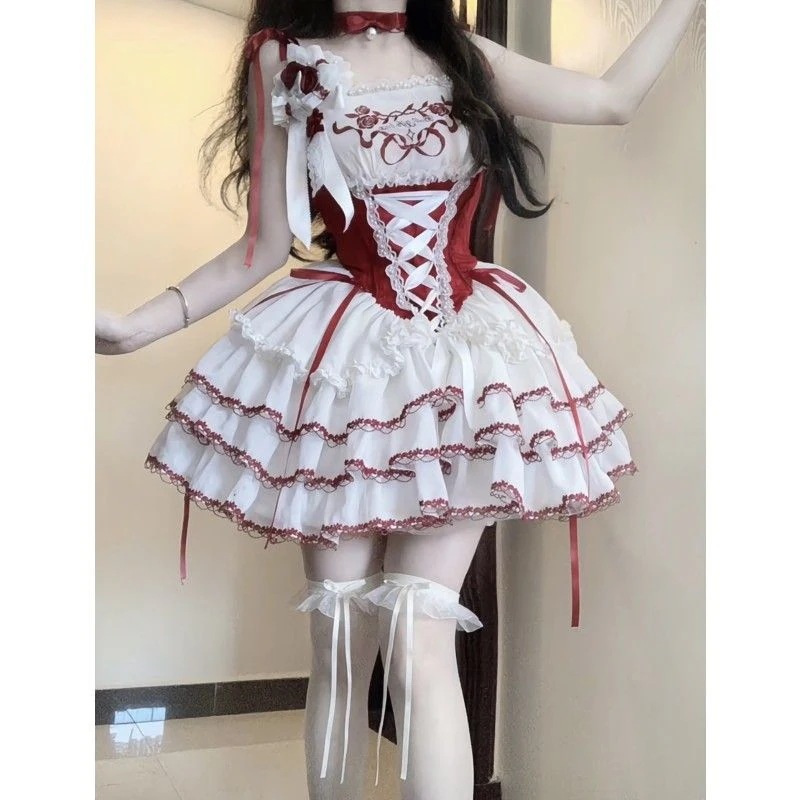 ロリータ可愛らしい少女レースパッチワークストラップスカートウエストマークフリル甘美フリルケーキスカート