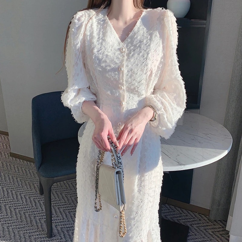 韓国デザイン春季おしゃれVネック着痩せパフスリーブワンピース