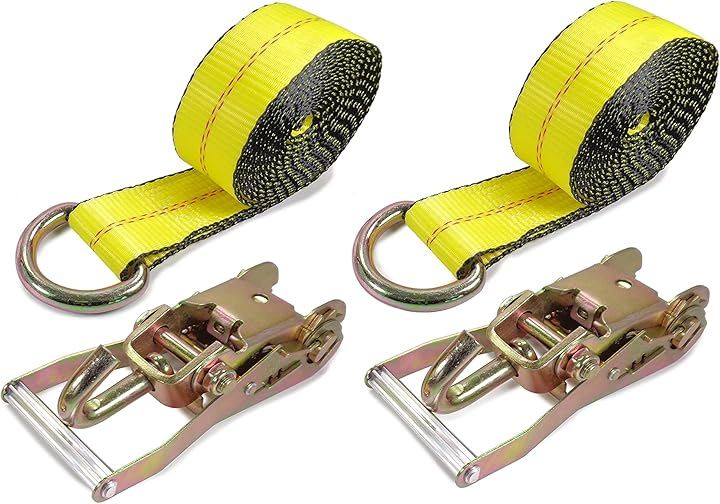 ラッソーストラップ ラチェットタイダウンシステム ロング ワイド ハンドル 1.6トン 2組セット (イエロー, ストラップベルト　長さ：3500mm　幅：50mm(2インチ))