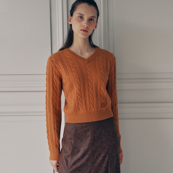 V NECK CABLE LABEL KNIT ORANGE
