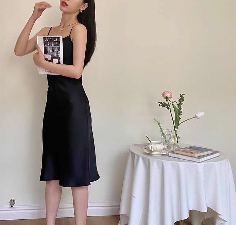 スイングカラー アセテート サスペンダー ドレス レディース サマー サテン フレンチ スリム ドレス スカート スリット シルク ブラック XS S M L XL かわいい 大人可愛い きれいめ