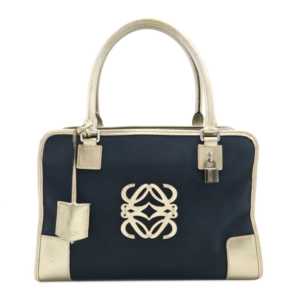 アマソナ35 アナグラム ハンドバッグ ミニボストンバッグ ロゴ レザー キャンバス 黒 ブラック ゴールド シルバー金