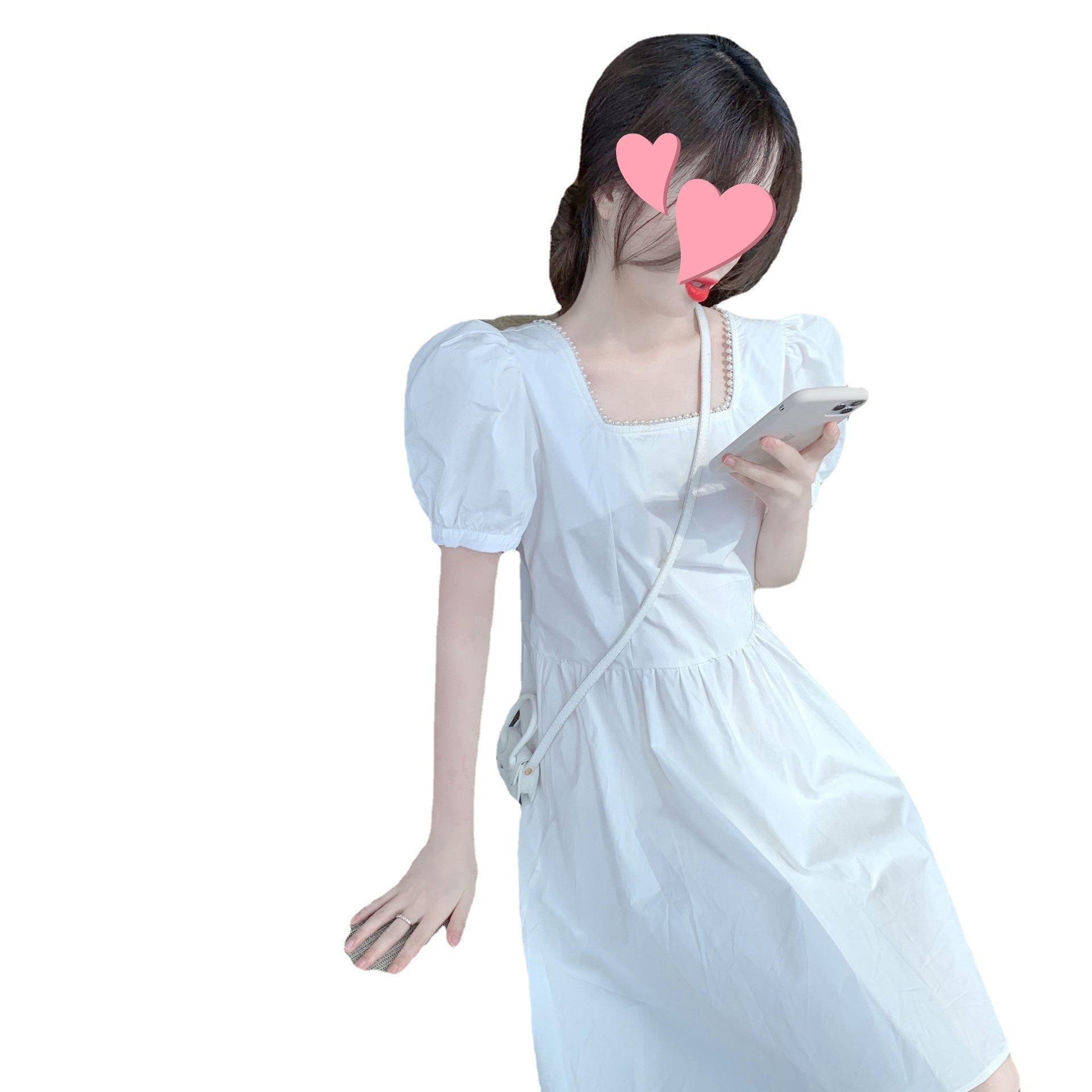 小柄でのある小柄な甘さでウエストを収めた雰囲気のブルーのバブルスリーブバックワンピース子夏