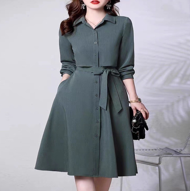 レディース ワンピース シャツワンピ フレア 膝丈 長袖 Vネック 襟付き 角襟 Aライン フェミニン リボン ウエストマーク ウエストリボン かわいい 大人可愛い きれいめ 上品 おしゃれ こなれ感