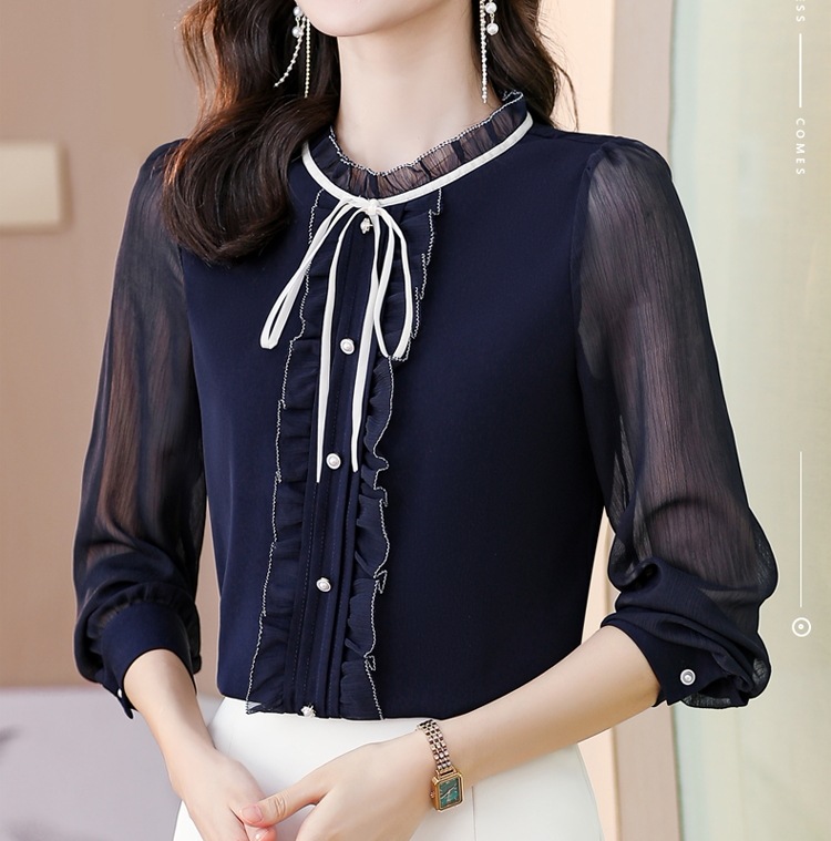 ガーリーシフォンシャツ オフィスカジュアル リボンタイ付き 七分丈 トップス Tシャツ シャツ ブラウス 袖あり 7分袖 七分袖 長袖 Vネック 襟付き スリム 細身 ストレート Iライン スマート