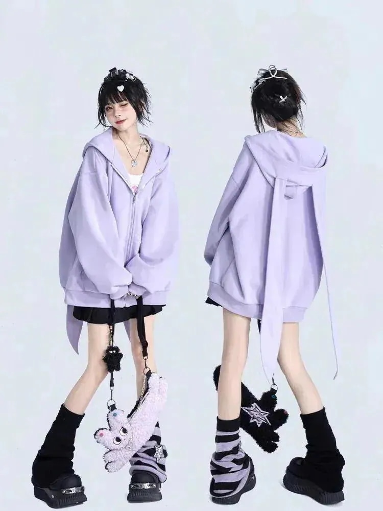 マウンテンパーカー うさぎ耳パープルキャップ学生セーター女性ゆったり 大きいサイズ 着痩せ 体型カバー長袖カーディガンコートファッション 韓国ファッションEC389