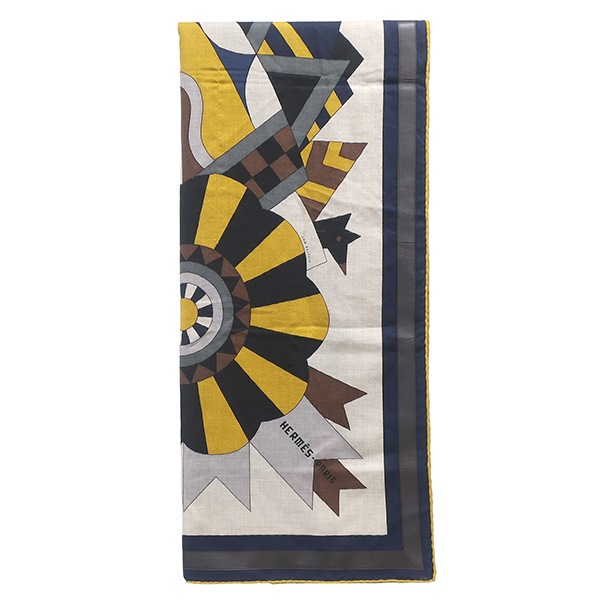 エルメス ストール ショール カレ140 CARRE カレジェアン カシミヤ シルク ナチュラル×マリン×マスタード 【Cheval de Fete /シュヴァル ドゥ フェット】 タグ欠品 【中古】 83,842円