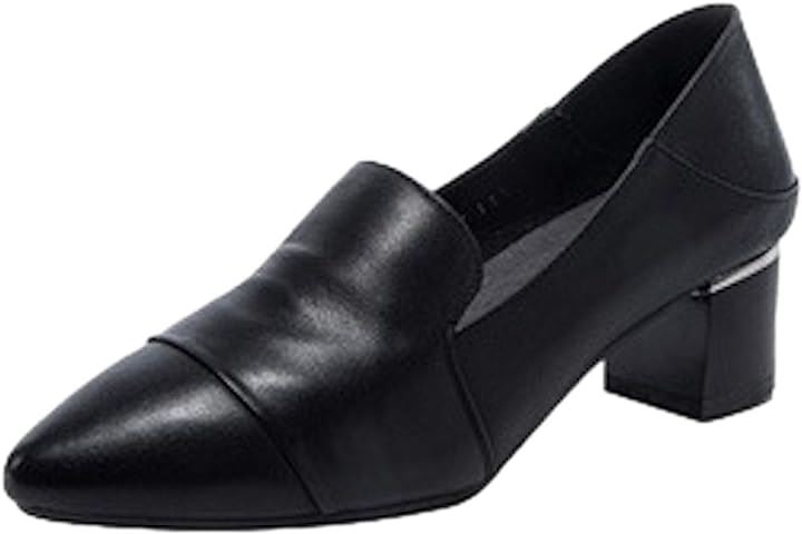 パンプス レディース 牛革 チャンキーヒール ローファー風 4cmヒール 安定感 ゴム底( ブラック, 24.0 cm 3E)