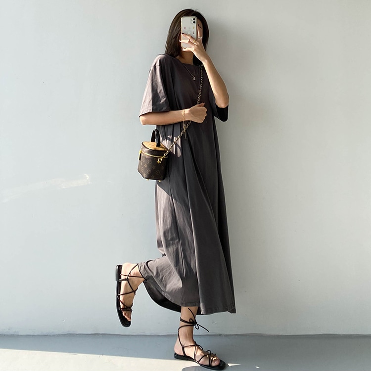 ワンピース フレアワンピース ロング ロング丈 マキシ マキシ丈 袖あり 半袖 Uネック ラウンドネック フレア かわいい 大人可愛い シンプル カジュアル おしゃれ お洒落 こなれ感 ラフ ルーズ