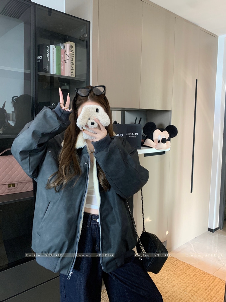 秋冬防寒 あったか 中綿 アウター 韓国風スタイルアップ かわいい ブルゾンファー付きファッション系裹起毛大人ゆったりカジュアルストリートサイズレディースムートン襟ゆるダボ シルエット学生通学丈エコ