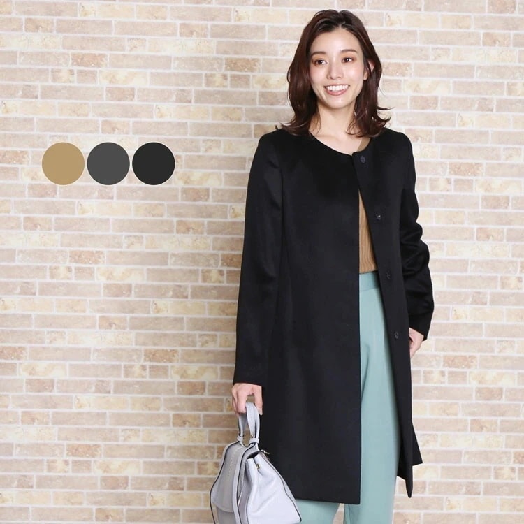 カシミヤ ブレンド ウール コート ノーカラー ロングコート レディース 秋 冬 アウター ロング丈 ウールライク ロング キャメル ダークグレー ブラック 母の日 ギフト プレゼント 6F (020