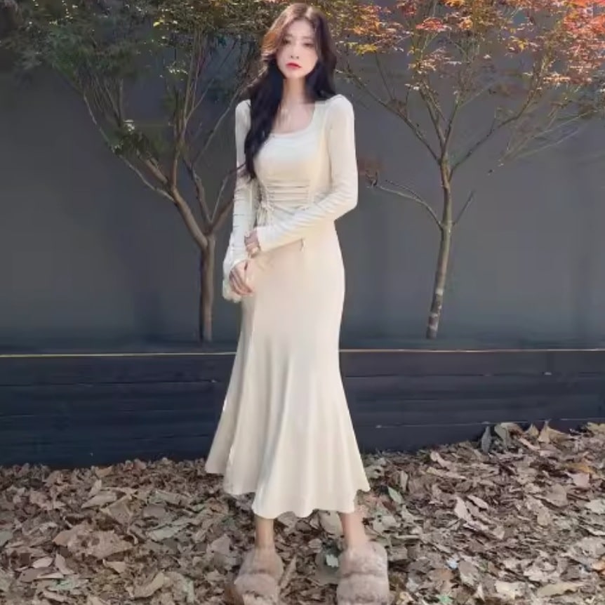 レディース ワンピース ドレス ロング 長袖 スクエアネック スリム かわいい きれいめ シンプル カジュアル 上品 おしゃれ かっこいい レトロ こなれ感 ラフ ガーリー ルーズ 個性的 クール