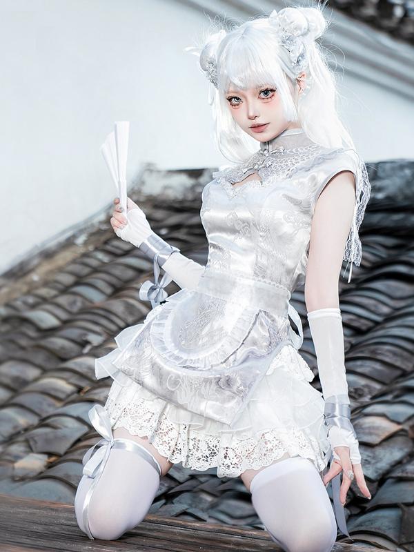 中国 風 ロリータシルバームーン 改良 チャイナ ドレス 少女 メイドエプロンガールスーツドレス