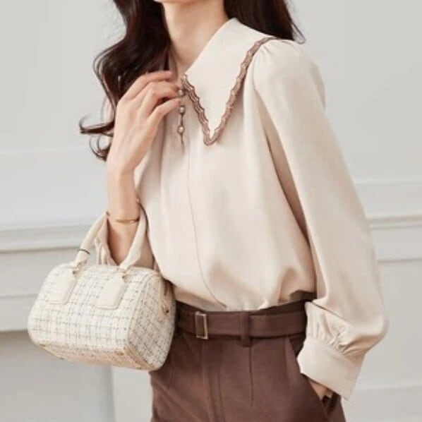 トップス デート かわいい 大人可愛い きれいめ シンプル カジュアル 大人 上品 おしゃれ お洒落 襟付き レース 長袖 ブラウス シャツ 春 秋 アプリコット ２XL 韓国 オフィス 通勤イベント