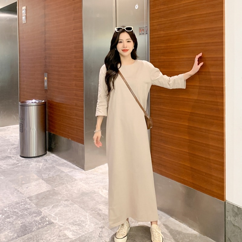 ワンピース 大きいサイズ 春 秋 冬 ロング丈 マキシ丈 7分袖 XL 2XL 3XL ストレート レディースファッション ゆったり マタニティ 公園 カジュアル ラフ ルームウェア 楽ちん