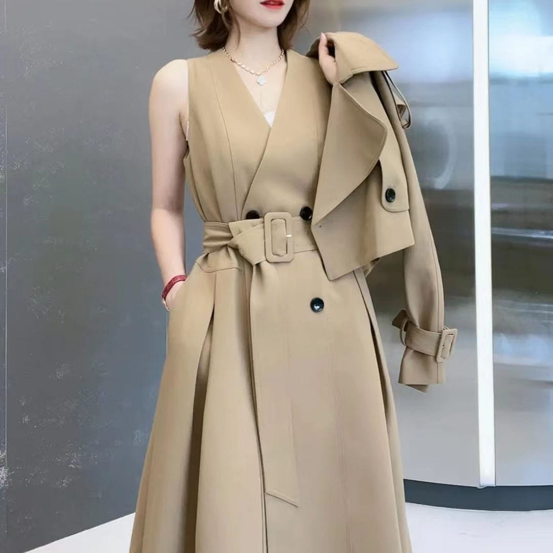 ファッション スーツ 女性 2023年秋 小さめ ゆったり デザイン コート スリムウエスト ワンピース 2点セット 母の日