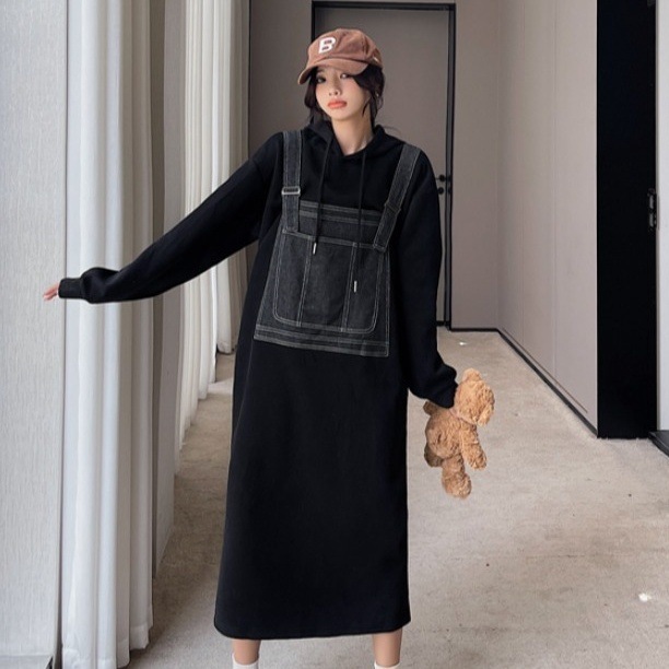 ワンピース ロングワンピース 長袖 フード付き 重ね着風 ロング丈 かわいい 大人可愛い きれいめ シンプル 上品 おしゃれ 大人女子 こなれ感 ラフ ルーズ 個性的 主役級 存在感 ナチュラル