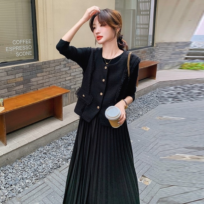 セットアップ ツイードジャケット ワンピース プリーツスカート ジレ ベスト 長袖 フリンジ ミモレ丈 2点セット ツーピース きれいめ 大人 上品 おしゃれ エレガント 春 秋 冬 レディース