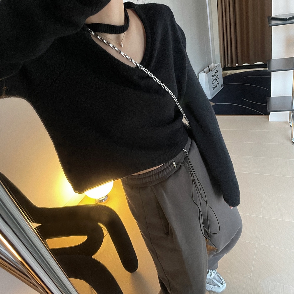 ハンギングネックセーター トップス ニットソー セーター シンプル ブラック 黒 グレー 灰色