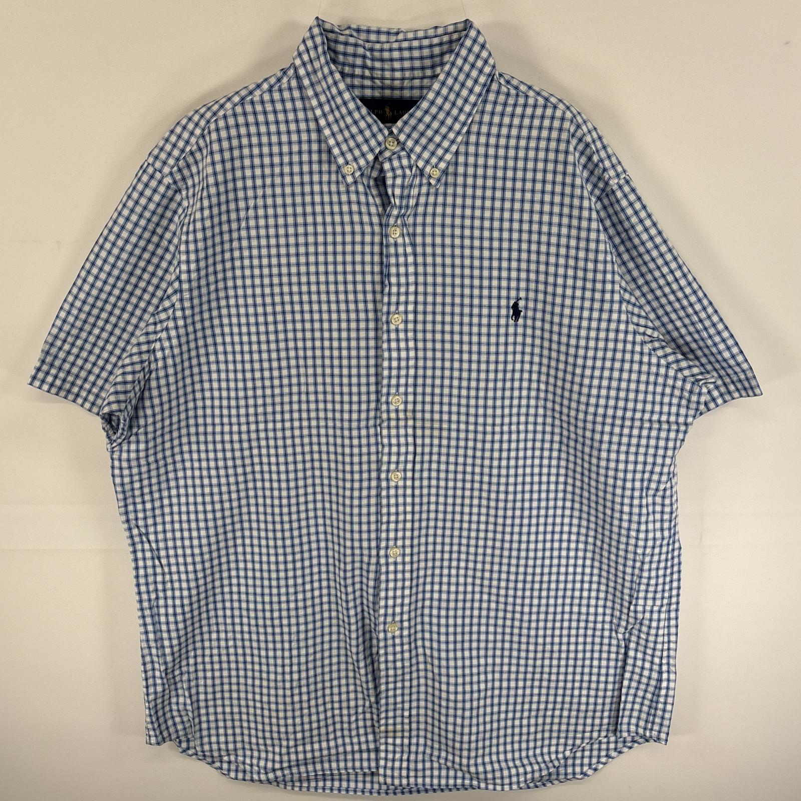 古着 半袖シャツ ワンポイント ロゴ 刺繍 ボタンダウンシャツ 大きいサイズ XL ブルー系 チェック メンズ