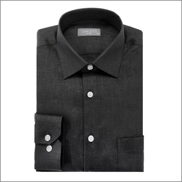 男性 ブラック/グリーン カラー ソリッド リネン レギュラーフィット 長袖シャツ LYS6605BA 他1点