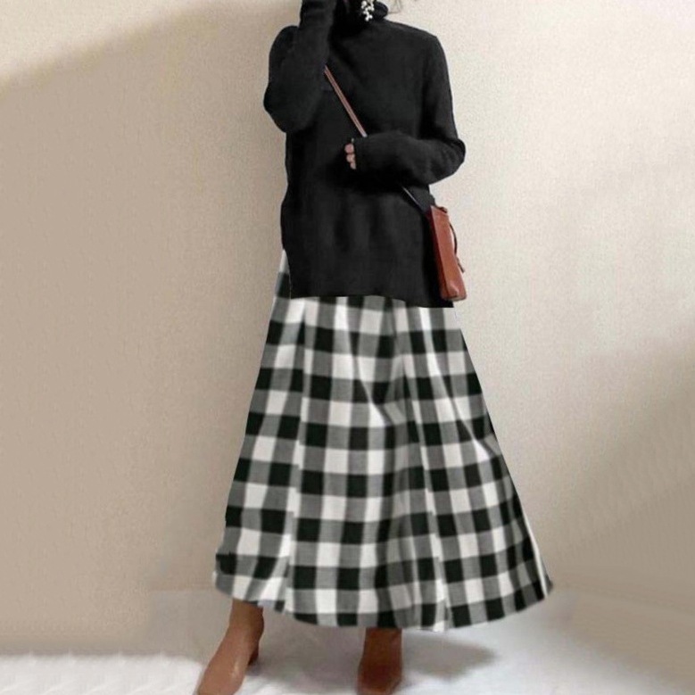 【大人気】 売れ筋 ハイネック 切り替え チェック柄 ロング ロングワンピース