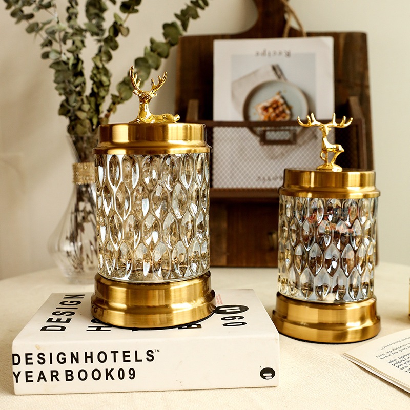 ヨーロッパのエルクストレージジャーリビングルームメタルガラスジュエリージャークリエイティブキャンディージャーアメリカンライトライト豪華なホームデコレーション
